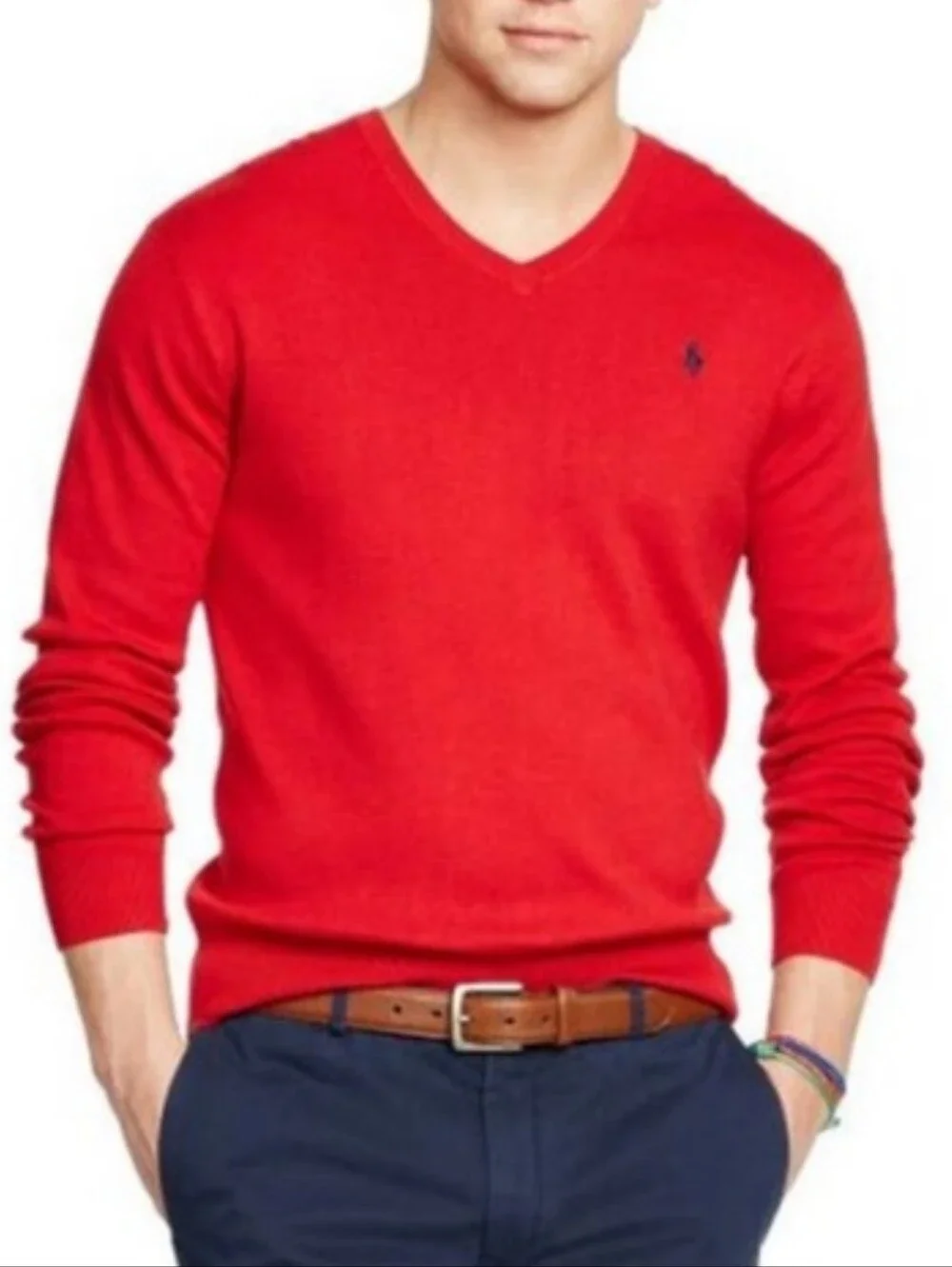 Polo by Ralph Lauren Red V-Neck Sweater with Navy Pony Men's Sz Medium